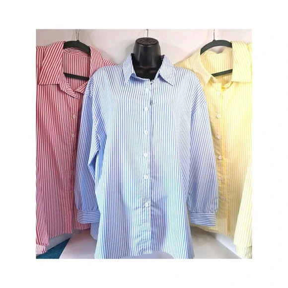 LOT OF 3 - SHEIN CURVE 1XL Stripe Button Up Blouse 3/4 Sleeve Red/Blue/Yellow - Picture 2 of 6